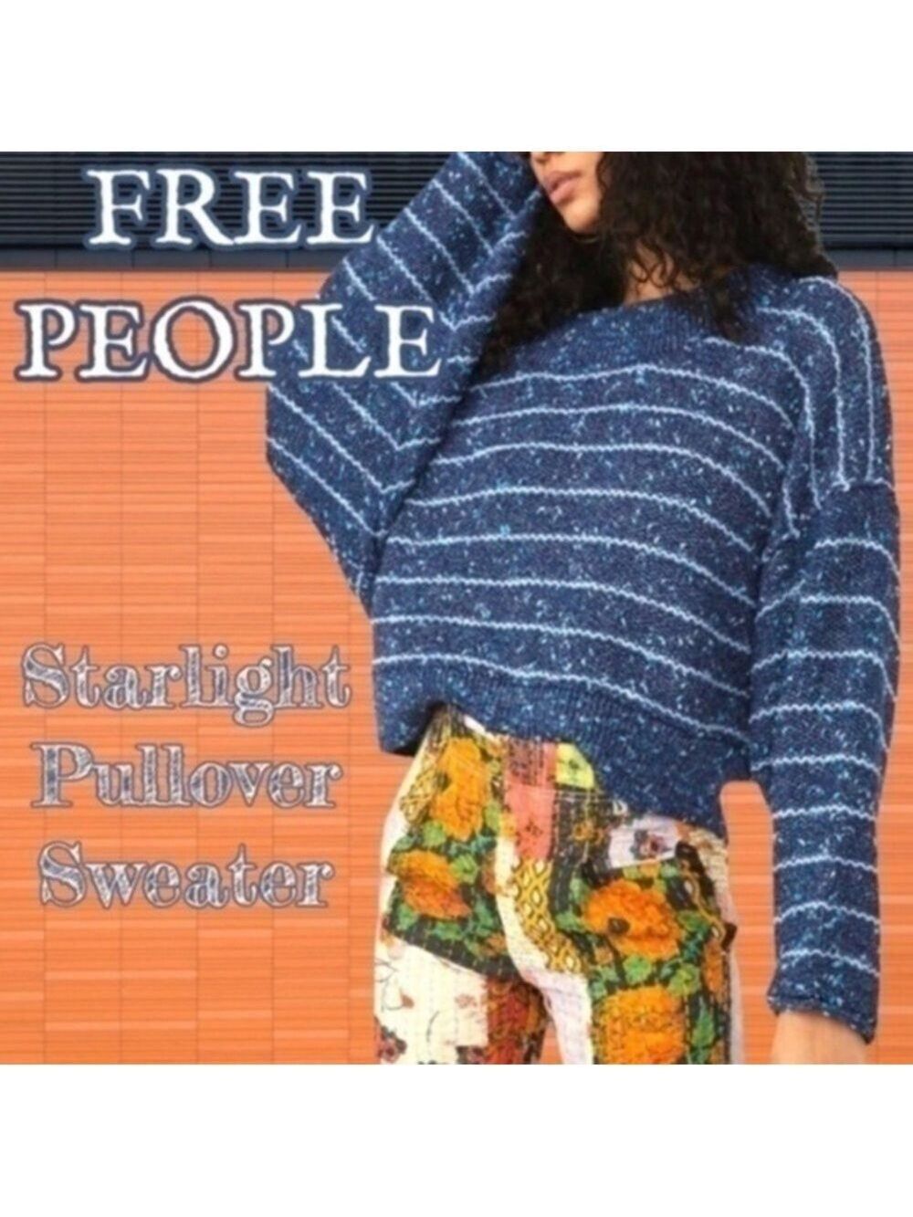 FREE PEOPLE NWT Starlight Navy Striped Relaxed Fit Crewneck Pullover Sweater/XS